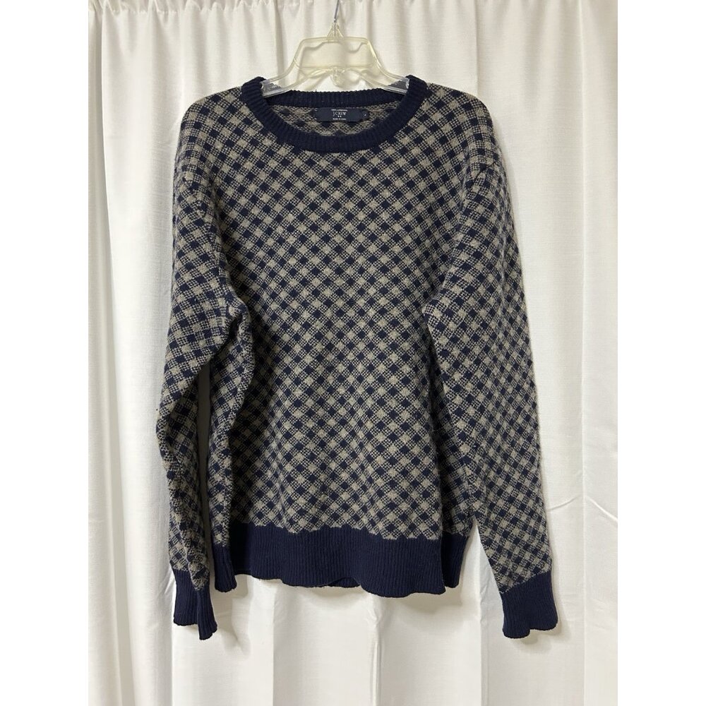 J.Crew Crewneck Sweater Men’s Blue Tan 100% Lambs Wool Check Preppy Large - Picture 1 of 6